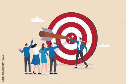Company target achievement, business goal or objective to achieve, team strategy, leadership development, aiming for winning goal concept, businessman point arrow bullseye target to team colleagues.
