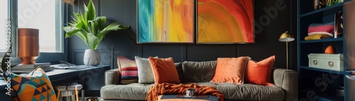 Modern living room with a couch, colorful artwork and a plant.