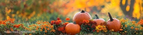 Colorful garden with pumpkins and flowers in autumn, perfect for seasonal and festive designs.