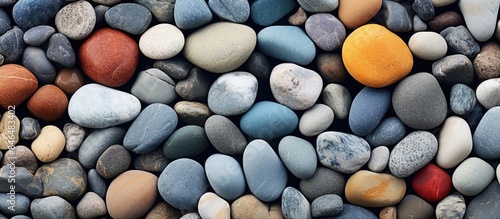 On the river bank there are various colored and differently sized stones and pebbles creating a visually appealing copy space image