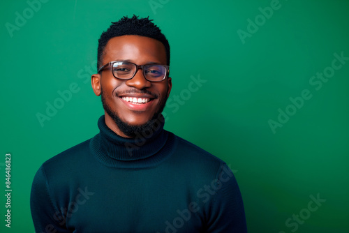African man with glasses wearing a dark turtleneck sweater smiling against a green background. Studio portrait photography. Professional and casual concept.