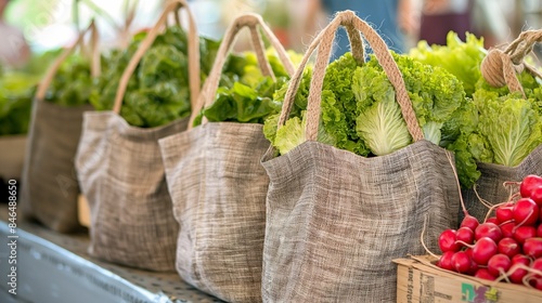 AI generated illustration of reusable shopping bags on a bustling farmer's market table
