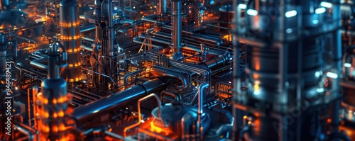 An extensive industrial plant illuminated at night, showcasing intricate pipelines and machinery in a futuristic setting.