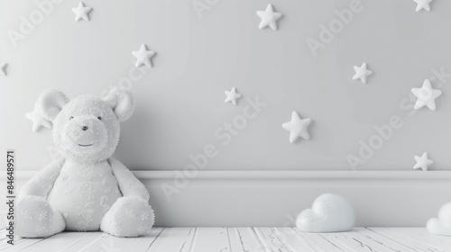 Cute teddy bear with stars in minimalistic white nursery, children's room decor.