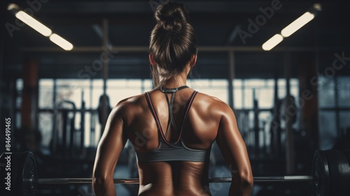 A woman's powerful back as she lifts weights in the gym, her muscles rippling with determination and focus.
