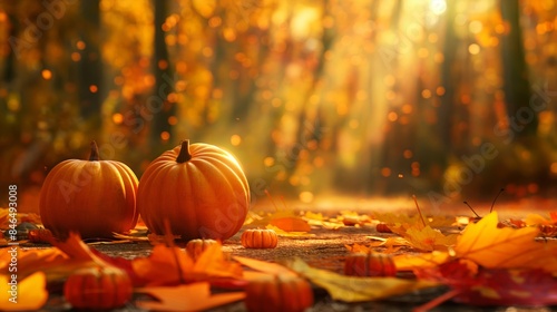 Two pumpkins on the ground in an autumn forest with fallen leaves, perfect for Halloween or autumn-themed designs and festive decorations. Copy Space