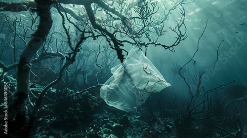 A surreal composition featuring a plastic bag caught in the branches of a coral reef, its unnatural form starkly contrasting with the organic beauty of the underwater landscape, against a backdrop of