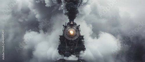 Dramatic front view of a vintage steam train chugging through billowing clouds of smoke, evoking a sense of nostalgia and adventure.