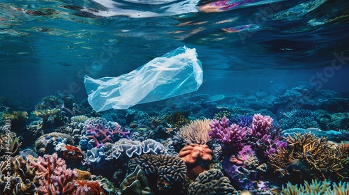 A striking visual metaphor of a plastic bag drifting lazily beneath the surface of the ocean, its translucent form juxtaposed against the vibrant colors of coral reefs, prompting reflection on the