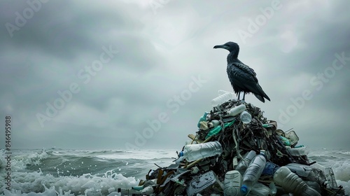 An emotive scene portraying a seabird perched atop a pile of plastic waste, its mournful cry echoing the plight of wildlife affected by ocean pollution, against a backdrop of stark realism