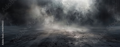 Ethereal mist and fog swirl over a dark, mysterious landscape, creating a dramatic and haunting atmosphere in this captivating scene.