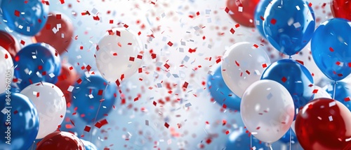 Festive atmosphere with red, white, and blue balloons and confetti. Perfect for celebrating patriotic events, parties, and holidays.