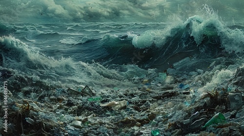 A dramatic portrayal of a stormy sea churned with plastic refuse, symbolizing the turbulent relationship between humanity and the oceans, with quietly morbid undertones