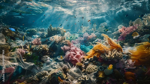 A haunting underwater scene showcasing the interplay between colorful coral reefs and suffocating plastic debris, capturing the dual realities of oceanic beauty and degradation