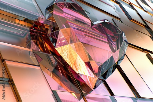 Crystal heart sculpture with prismatic reflections in a futuristic setting, combining elegance and modernity with intricate details and sparkling light effects