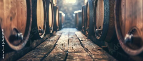 Old wooden barrels lined up in a rustic cellar with a warm light glowing at the far end, evoking a sense of tradition and craftsmanship.