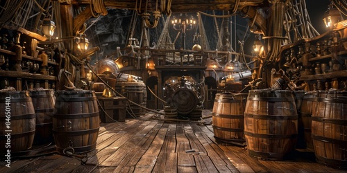 Interior of a pirate ship deck with barrels, cannons, and lanterns, depicting a historic and adventurous nautical scene Gerberative AI