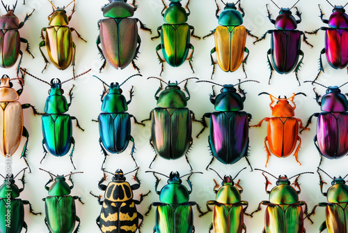 An array of colorful beetles arranged in rows, exhibited on a light background, showcasing the diverse beauty and intricate designs of their exoskeletons.