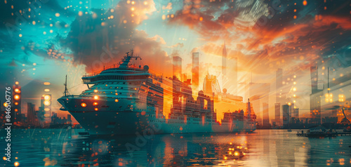 Cruise Trips close up, focus on, copy space Vibrant, scenic look Double exposure silhouette with cruise ships and ocean views