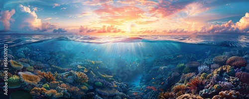 Sunrise with an underwater view, coral reefs and diverse marine life visible through the clear water, light penetrating the ocean, photorealistic, aquatic, high detail