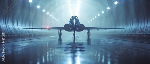 Aerodynamics and Wind Tunnels close up, focus on, copy space Smooth, flowing visuals Double exposure silhouette with wind tunnel testing and aircraft models