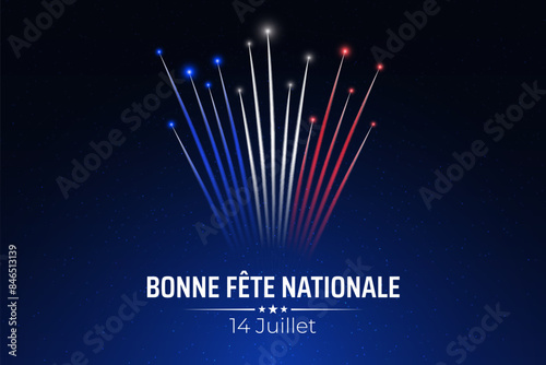 Banner 14 july bastille day in france, poster with french colorful fireworks on dark sky background. Fireworks france flag. French national holiday. Vector. Translation: Happy National Day July 14