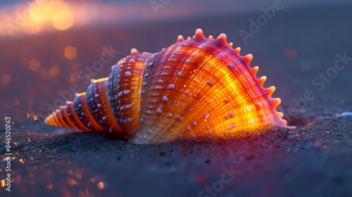 A shell is on the sand with a bright orange color