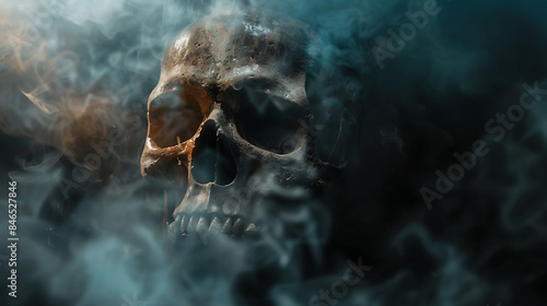 A dark and mysterious photo of a human skull shrouded in smoke