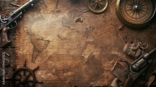 A background featuring a ship's helm, pirate pistols, an old compass, and an ancient map, evoking themes of history, pirates, corsairs, travel, geography, discoveries, and sea voyages