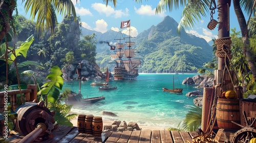 A background view from a pirate ship's deck looking towards a tropical island with a hidden Corsair treasure chest, featuring a battleship with a skull and crossbones flag