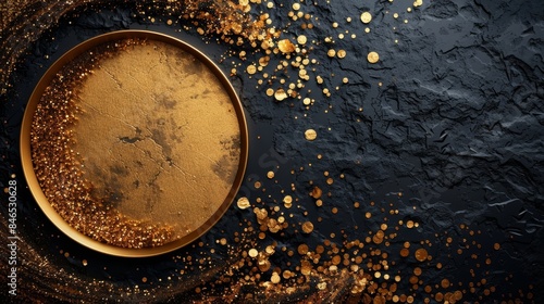 A gold colored bowl with a black background