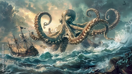 A cartoon illustration of a battle between a giant octopus and a pirate ship in a sea landscape, with the monster sinking the corsair boat amidst waves, a perilous ancient kraken and a broken ship