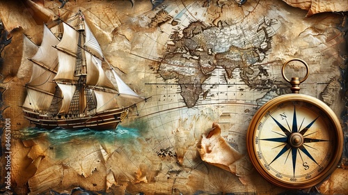 A historical background featuring an old sailboat, a compass, and an ancient map, reflecting themes of sea voyages, discoveries, pirates, sailors, geography, and history