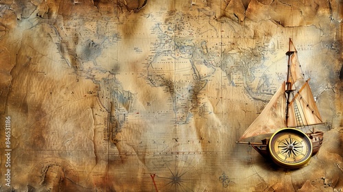A historical background featuring an old sailboat, a compass, and an ancient map, reflecting themes of sea voyages, discoveries, pirates, sailors, geography, and history