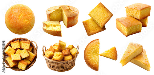 Cornbread bread bun on transparent cutout, PNG file. Many assorted different angles, stack, basket, broken, pile, cube, slice. Mockup template for artwork