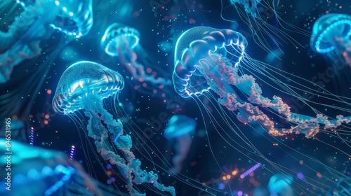 Illuminate a mesmerizing scene of bioluminescent jellyfish floating in a digital sea, their glowing tendrils intertwining with neon circuits in a harmonious dance