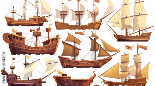 Cartoon vector illustration of various wooden ships, both old and new, including battleships and barges, some with ragged sails and broken planks, isolated on a white background