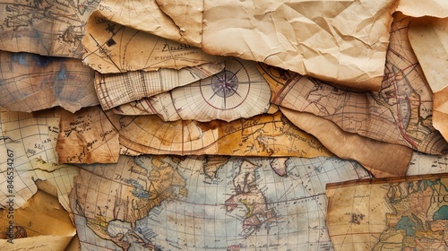 Collage background of old maps, representing sea voyages, discoveries, pirates, sailors, geography, travel, and history, with an overlay effect on aged paper texture