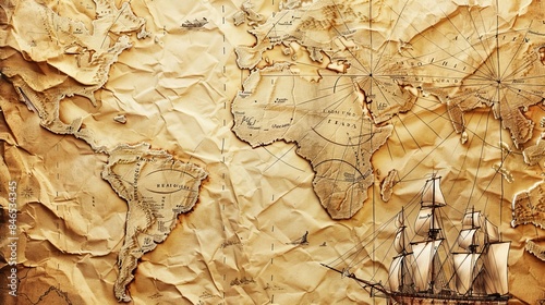 Collage background of old maps, representing sea voyages, discoveries, pirates, sailors, geography, travel, and history, with an overlay effect on aged paper texture