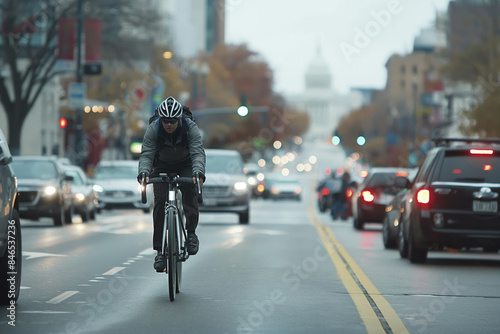 Focused cyclist rides confidently on a busy city street, navigating alongside cars, with blurred urban architecture in the background