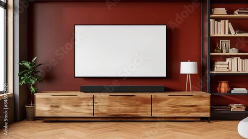 Modern living room with blank TV screen and wooden furniture, red wall background, home interior design concept. Generative AI