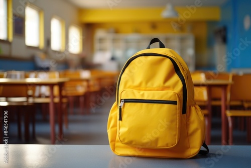 yellow schoolbag on desk in class room