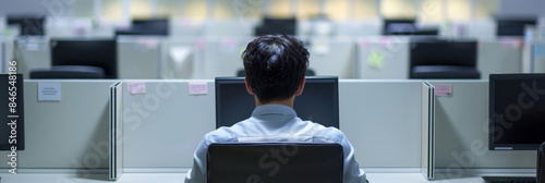 Career stagnation, a man in an office, staring blankly at a computer, symbolizing the lack of progress in his career.