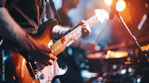 Close up of guitarist from music band playing on stage, band performing for live crowd in a pub, concept of live music and performing on stage
