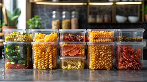 Assorted pasta in clear containers on kitchen counter