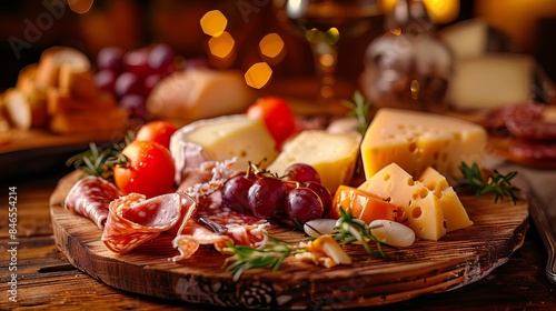 Close up of a cheese platter with charcuterie and wine