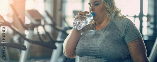 Resting overweight female after workout in gym. Drinking water from bottle.