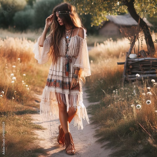 Girl in a boho peasant dress with fringe sandals and layered nec