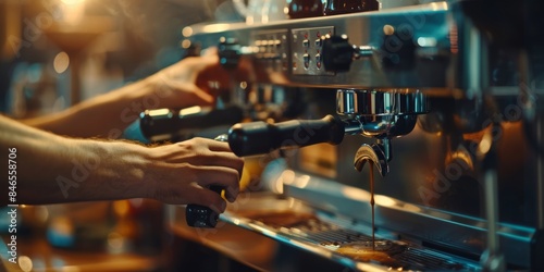 A café barista uses a portafilter to create espresso for cappuccino or latte. Coffeeshop waiter making a warm drink with brewing machine.