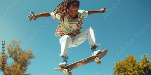 A cool, fashionable African American boy doing skate tricks at the skate park. An attentive skateboarder doing ollies in the park. Man serious about skating